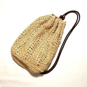 Zara Woven Raffia Straw Drawstring Backpack Tote Bag Neutral